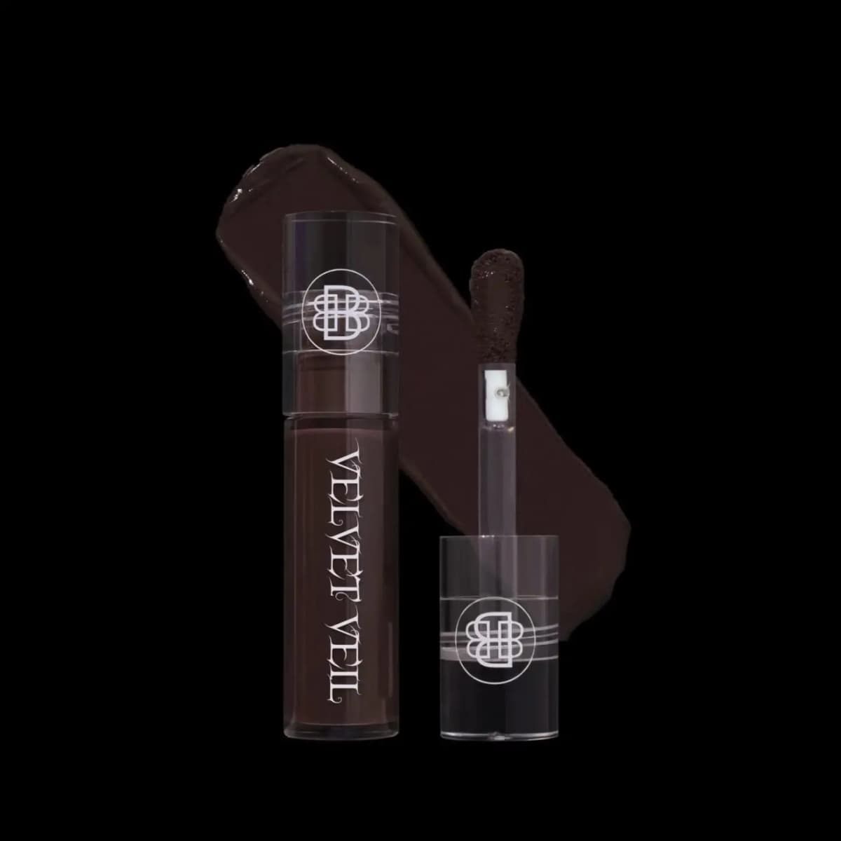 Near-black espresso brown lip mud with doe-foot applicator and dark glossy swatch