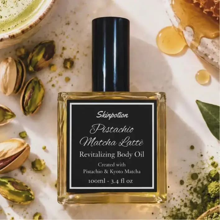 Skinpotion Pistachio Matcha Lattè Revitalizing Body Oil in a square glass bottle with black cap, beside pistachios and honey