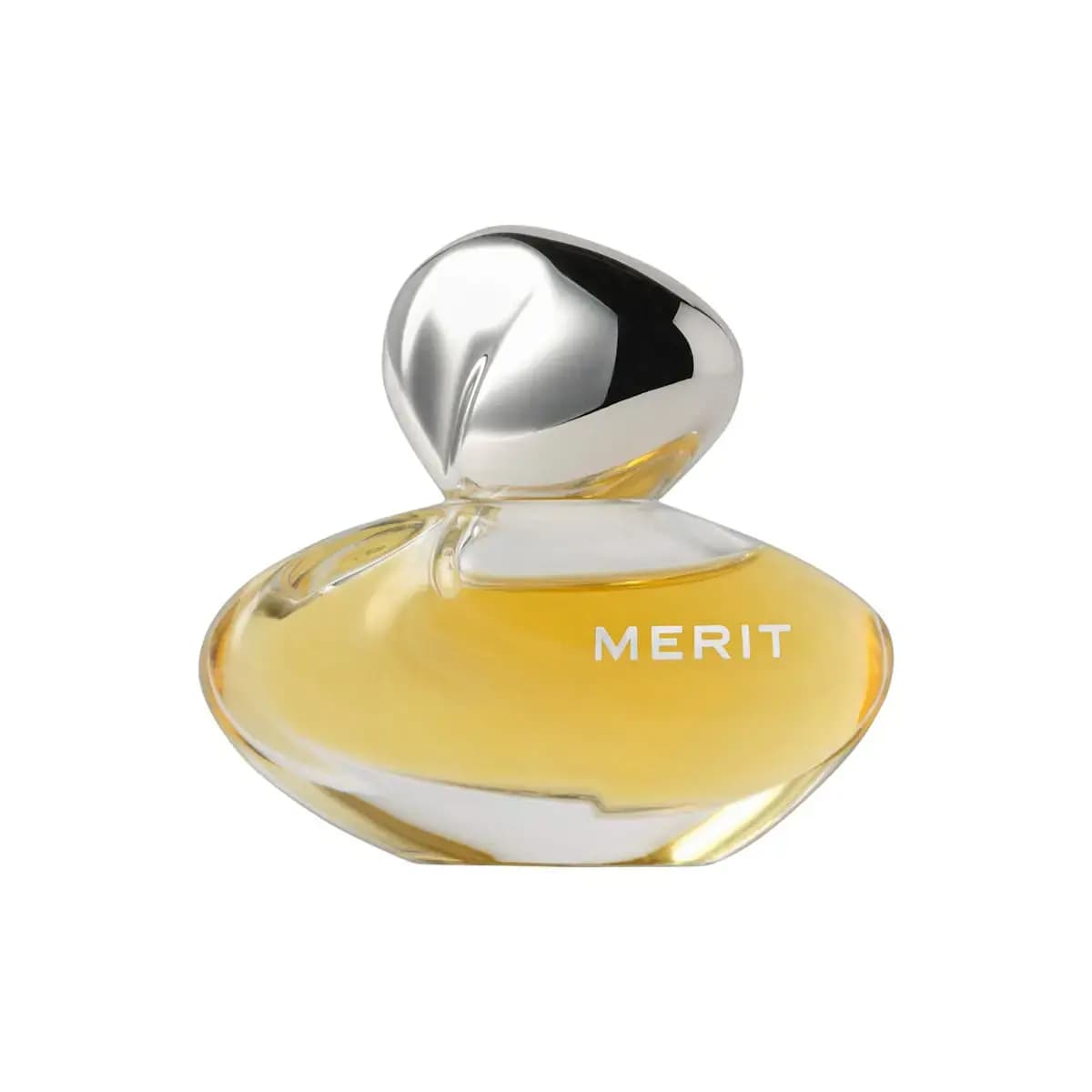MERIT New Wave L'Extrait de Parfum bottle with amber juice, rounded pebble glass and polished silver stone cap on white
