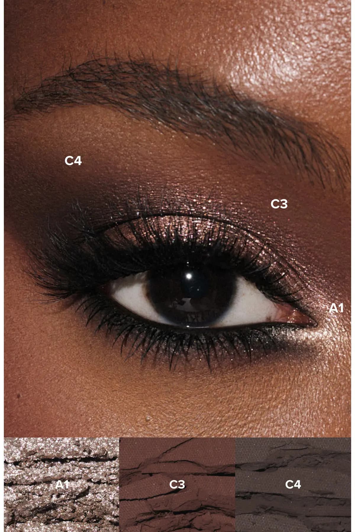 Deep-toned eye with bronze shimmer lid and dark smoky outer corner, labeled A1, C3, C4 with swatches below.