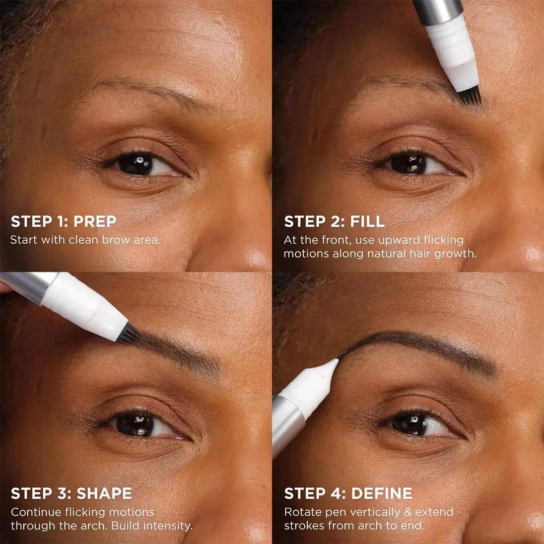 Four-step brow tutorial on a close-up eye: prep, fill with upward flicks, shape through arch, and define the tail.