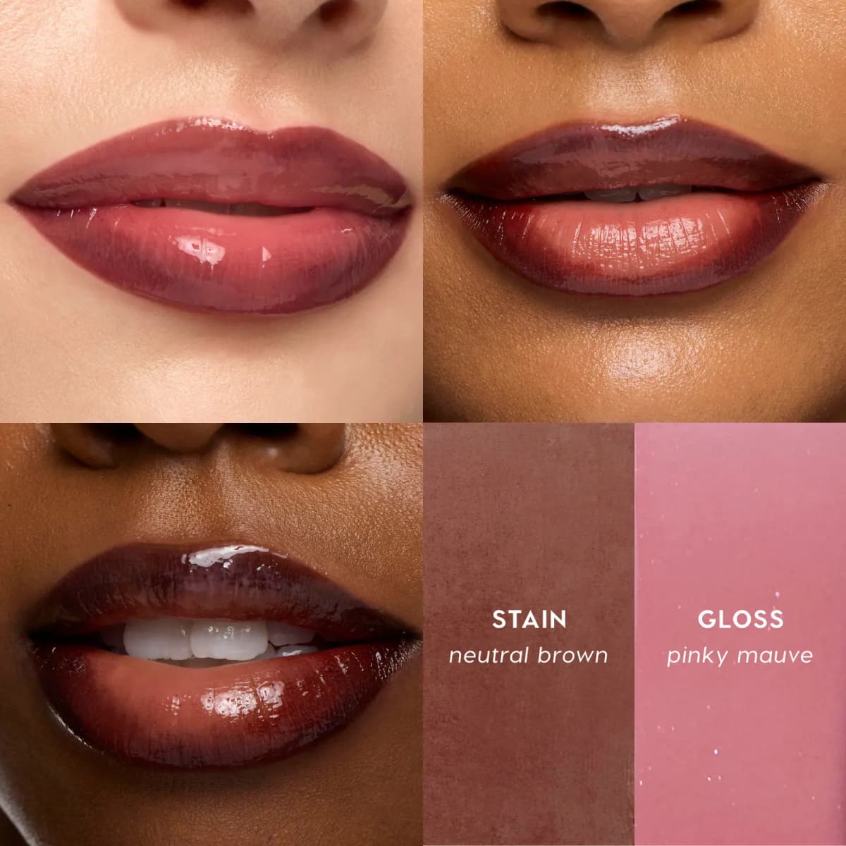 Neutral brown stain blended with pinky mauve gloss on three models, with labelled stain and gloss swatches