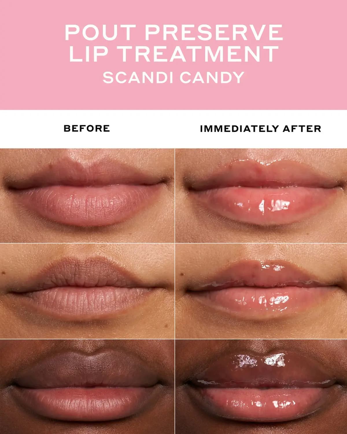 Before and immediately after Scandi Candy swatches on three lip tones, showing a glossy sheer pink finish