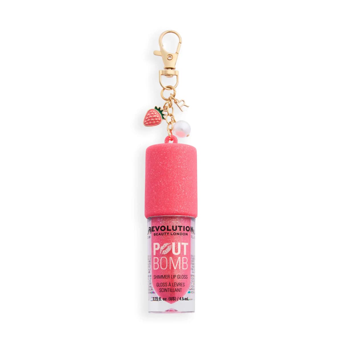 Pink glitter-capped Pout Bomb Shimmer Lip Gloss with strawberry, R and pearl charms on a gold clasp