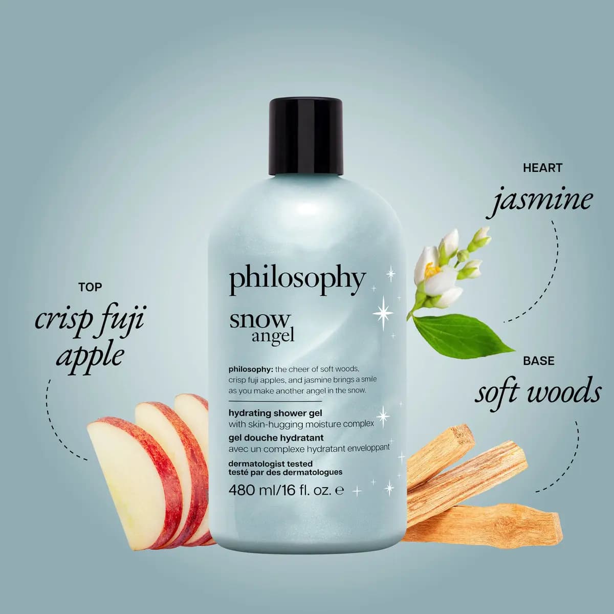 Icy blue shimmer philosophy snow angel 16 oz shower gel with fuji apple slices, jasmine blossom and pale wood sticks
