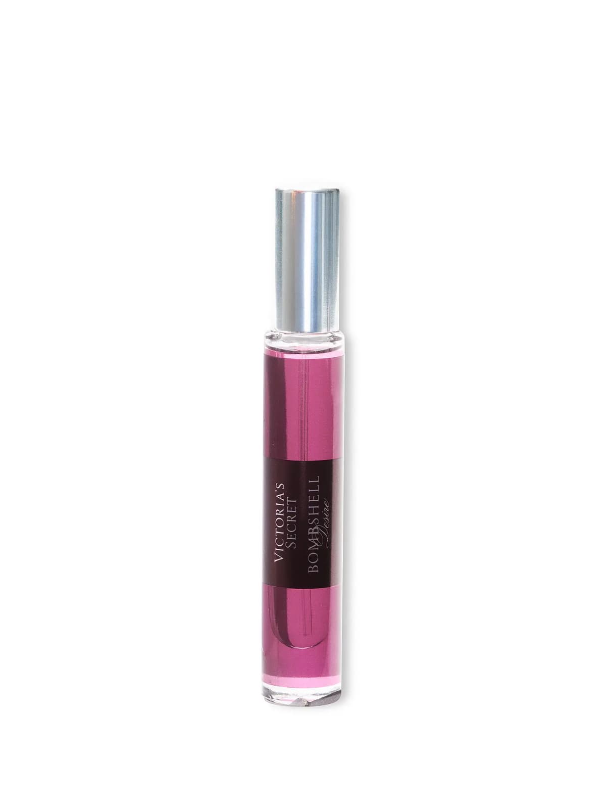 Slim pink travel spray with a silver cap and dark burgundy label band