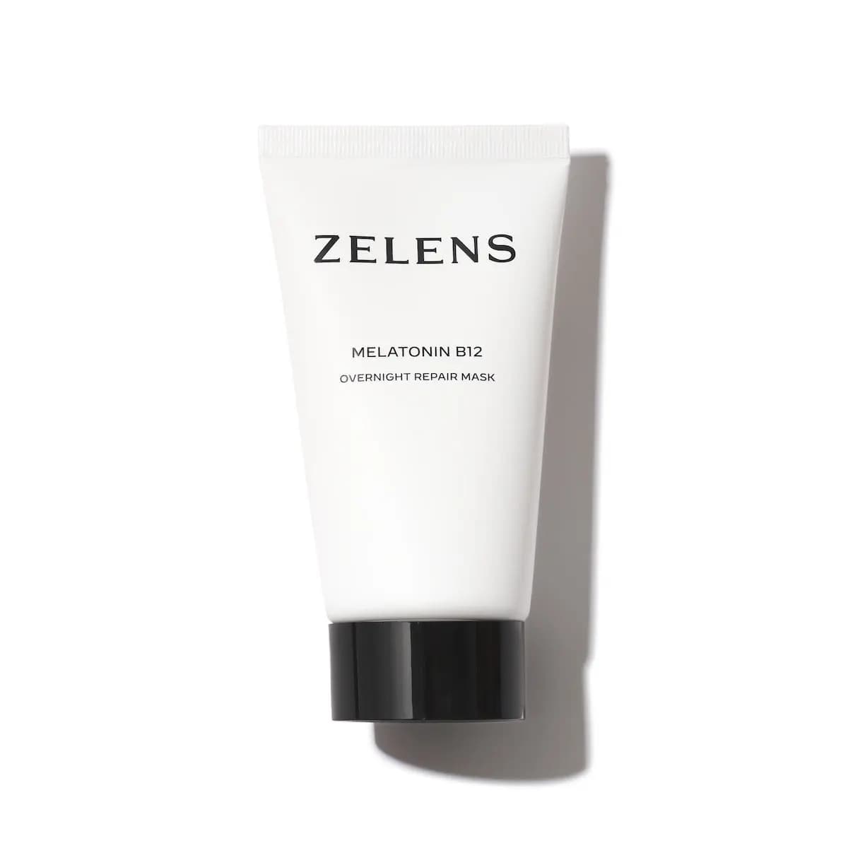 Zelens Melatonin B12 Overnight Repair Mask in a white tube with a black cap
