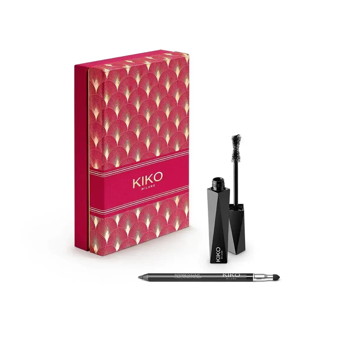 KIKO Midnight Glaze Eyes Gift Set: red art-deco box with Extra Sculpt mascara and black Intense Colour eyeliner