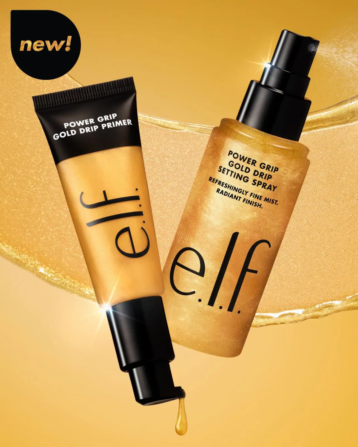 E.l.f. Power Grip Gold Drip Primer tube and Setting Spray bottle with a 'new!' badge over a shimmering gold swirl.