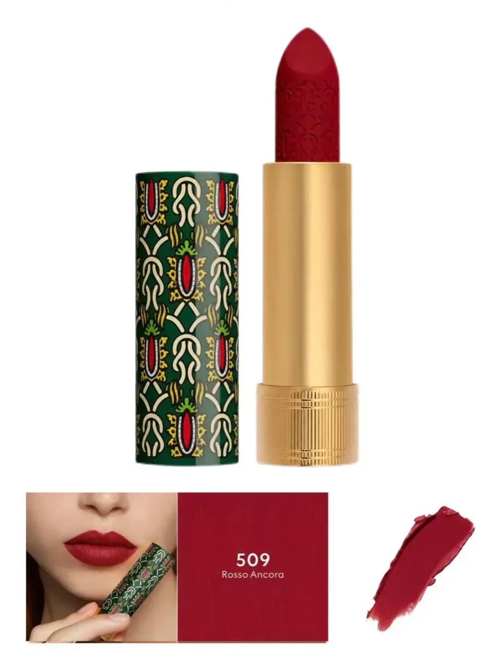 Gucci lipstick 509 Rosso Ancora: deep red engraved bullet in gold tube beside patterned cap, with model in matte red lips