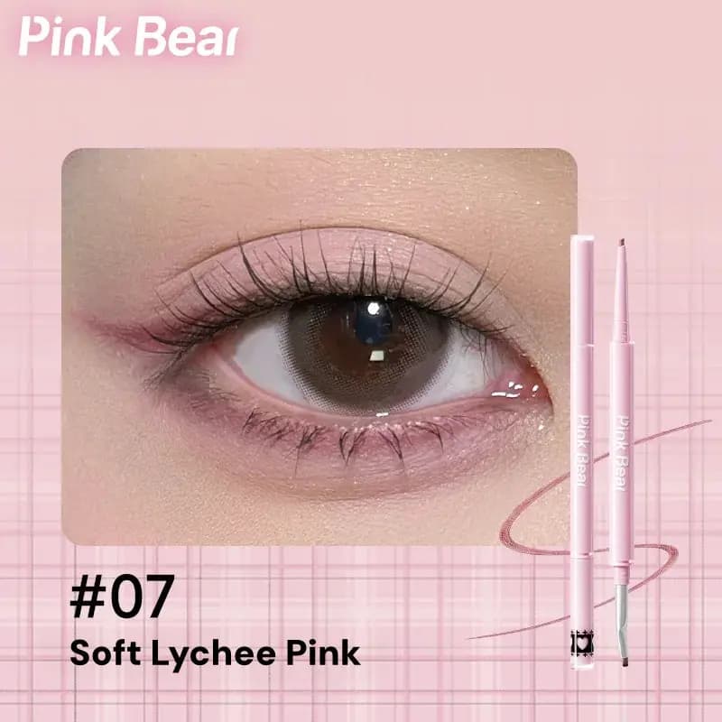 Close-up eye with soft pink liner labeled #07 Soft Lychee Pink beside a pale pink eyeliner pen.