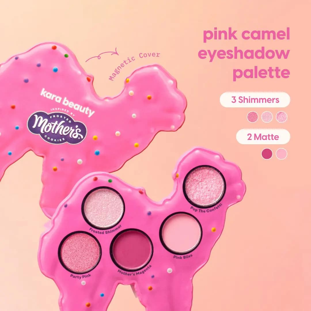 Pink camel eyeshadow palette with magnetic cover, three shimmer and two matte pink shades