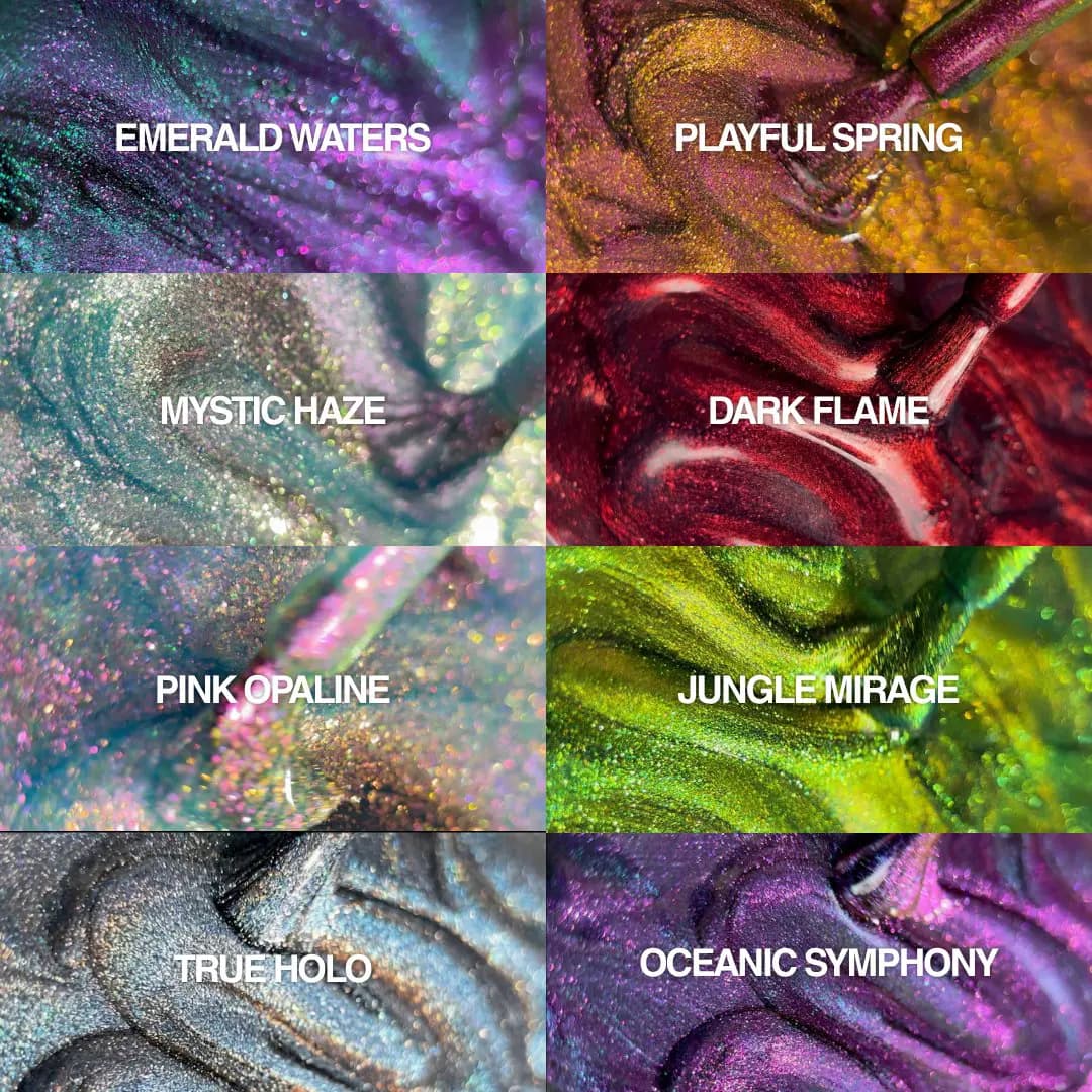 Close-up macro collage of eight swirled polishes showing glittery multichrome shimmer, each labelled with its shade name