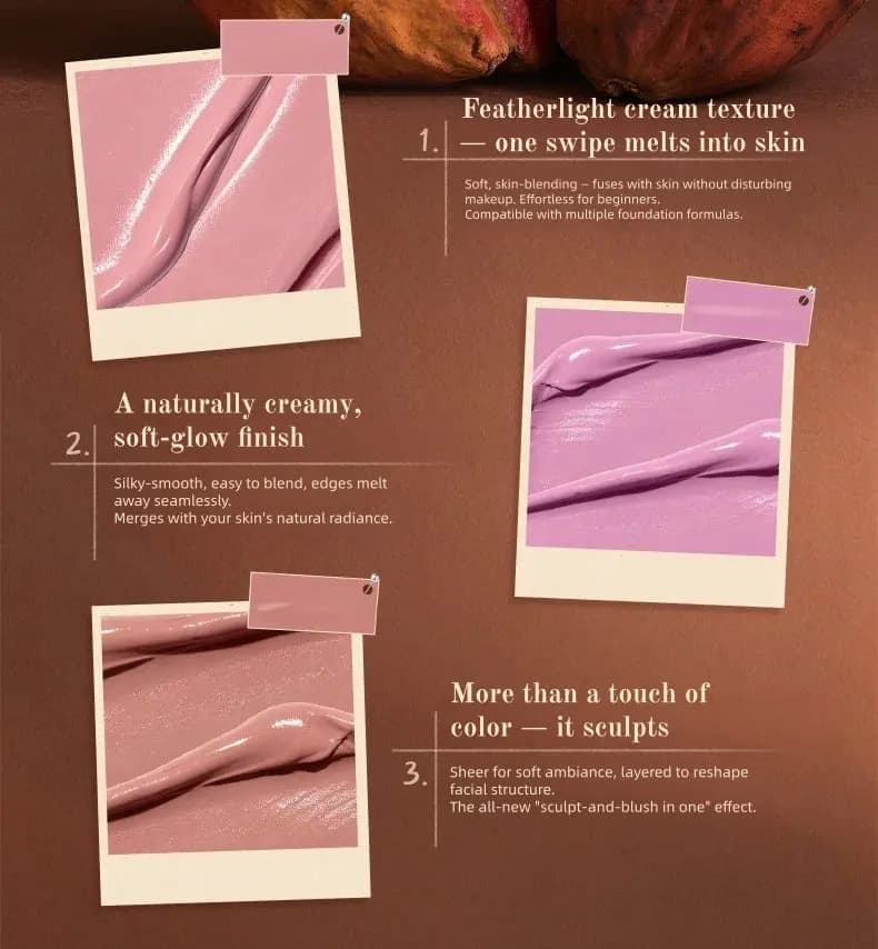 Close-up glossy pink, lilac and rosy cream textures with captions on featherlight texture, soft-glow finish and sculpting