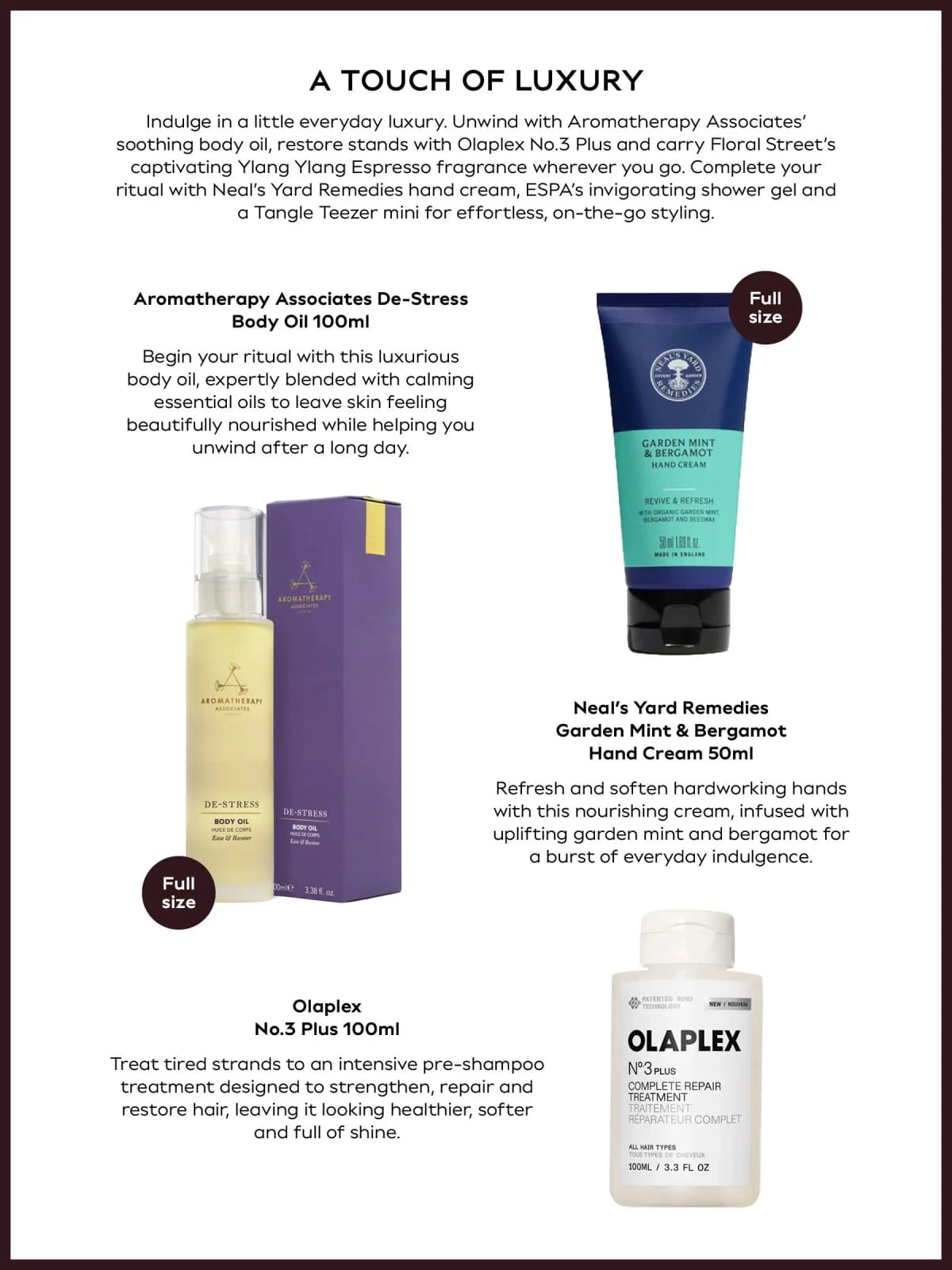 A Touch of Luxury leaflet page describing Aromatherapy Associates body oil, Neal's Yard hand cream and Olaplex No.3 Plus