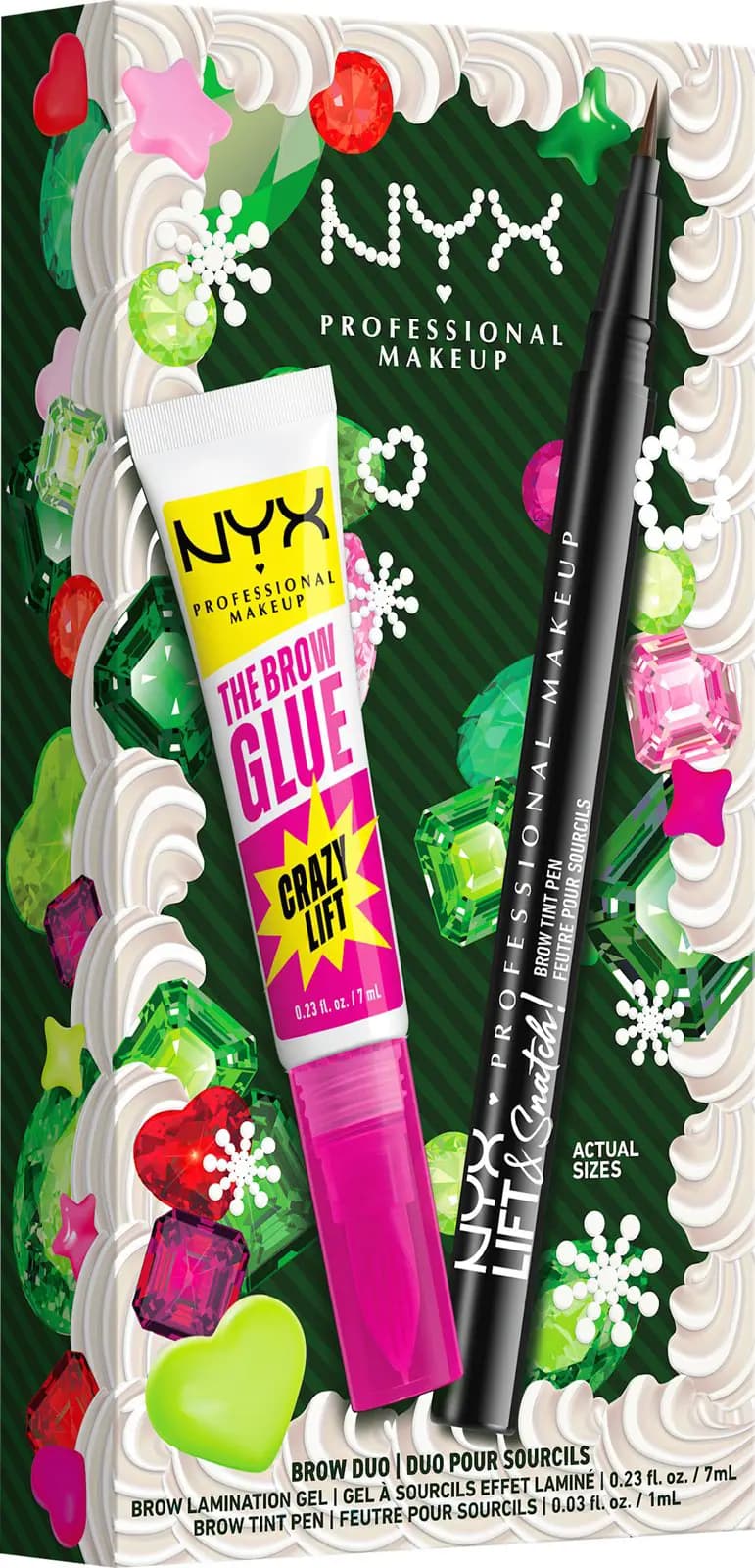 NYX Brow Duo with The Brow Glue Crazy Lift tube and Lift & Snatch brow tint pen in green gem-framed box.