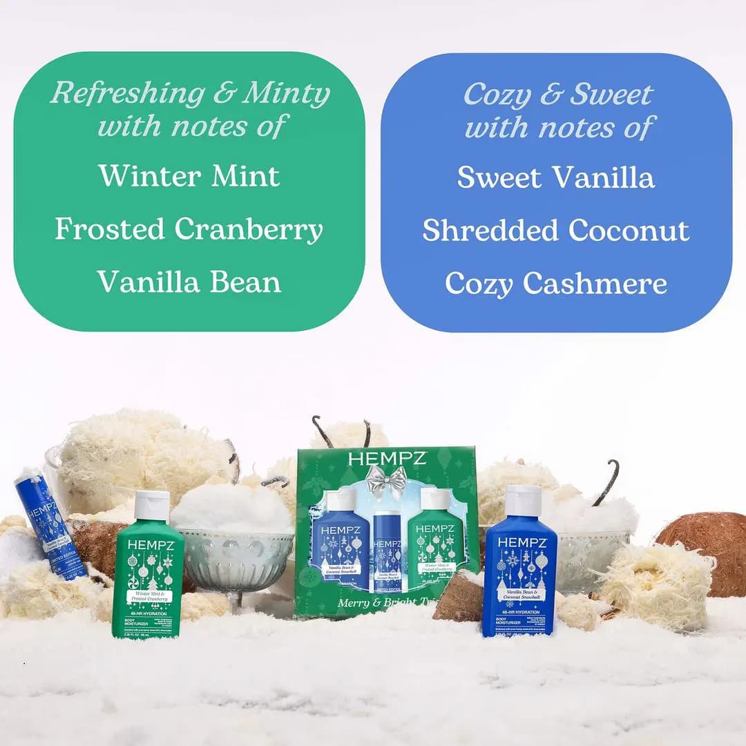 Scent notes comparison showing refreshing minty Winter Mint versus cozy sweet Vanilla Bean styled with coconut and snow