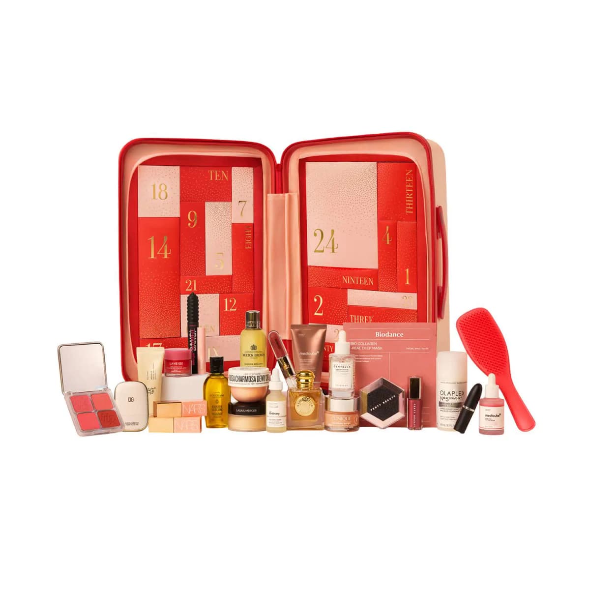 Tira Advent 24 Days Of You 2026 beauty advent calendar: open peach Mokobara case with red numbered boxes and 24 products