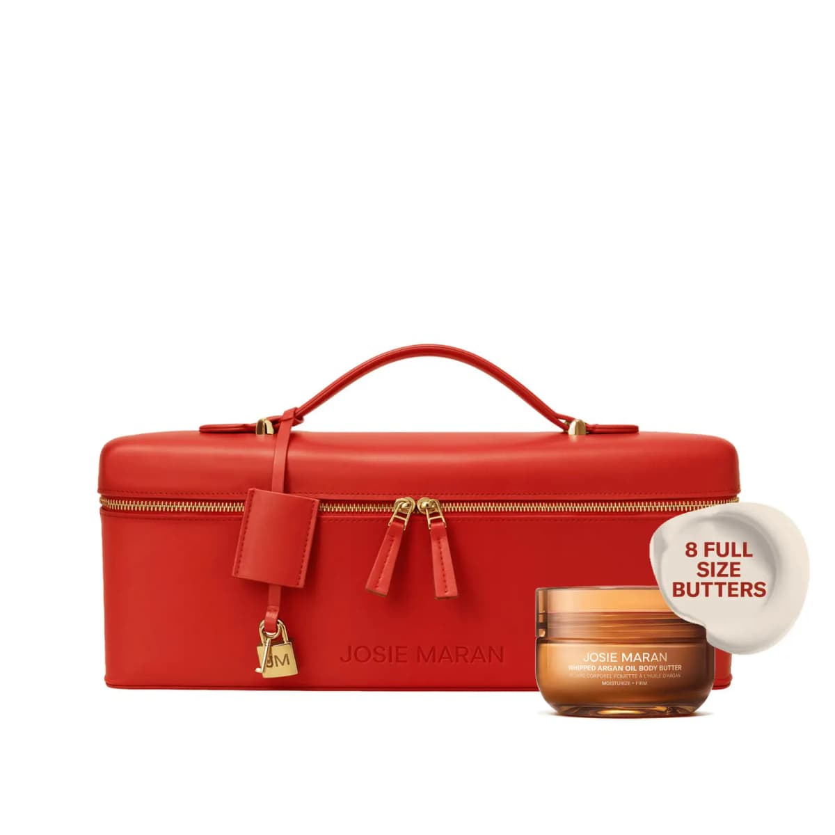 Red Josie Maran train case with gold padlock beside a Whipped Argan Oil Body Butter jar and an "8 Full Size Butters" badge