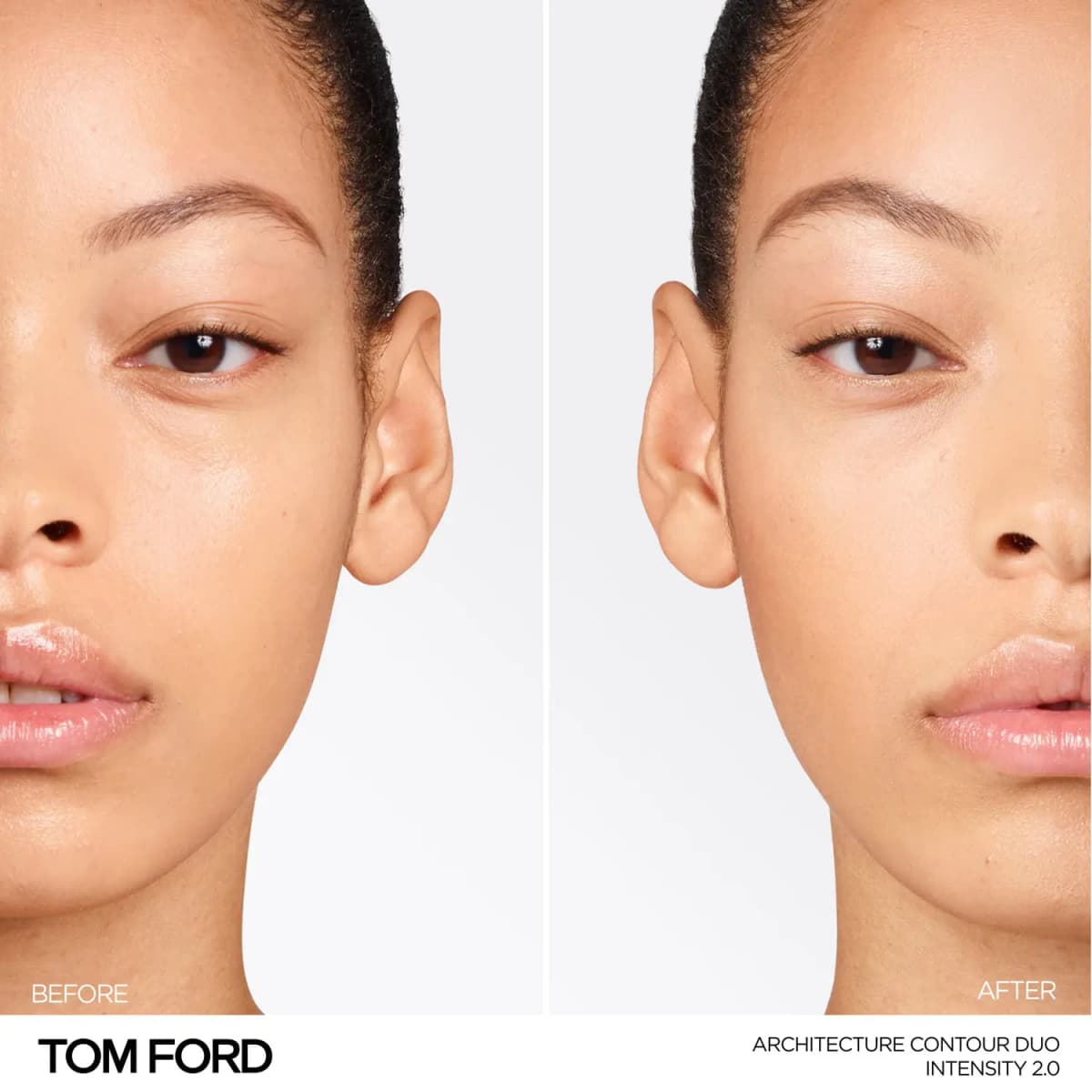 Before-and-after half faces of a medium-skinned model showing defined cheekbones with Architecture Contour Duo Intensity 2.0