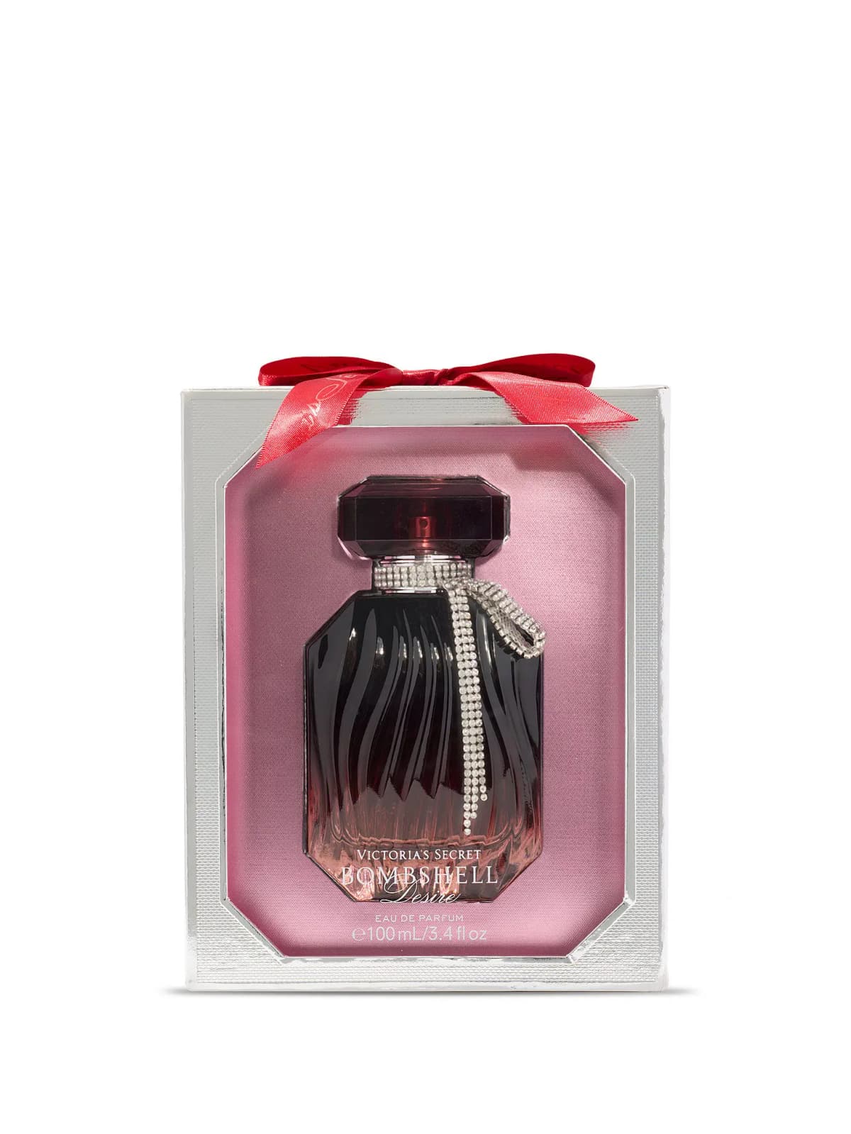 Dark ombré 100 ml eau de parfum bottle in a silver gift box with a pink window and red satin bow
