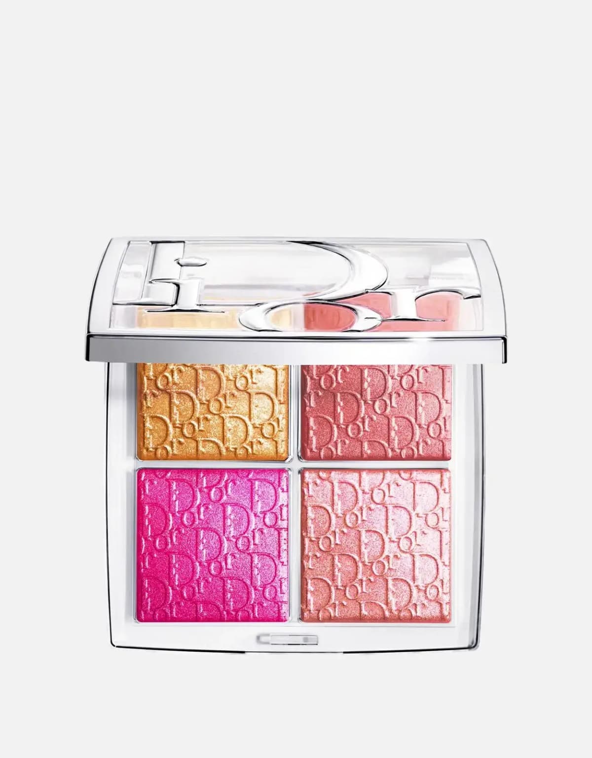 Dior Glow Maximizer Palette with metallic gold, rose, vivid fuchsia and coral pink shades in a clear silver case
