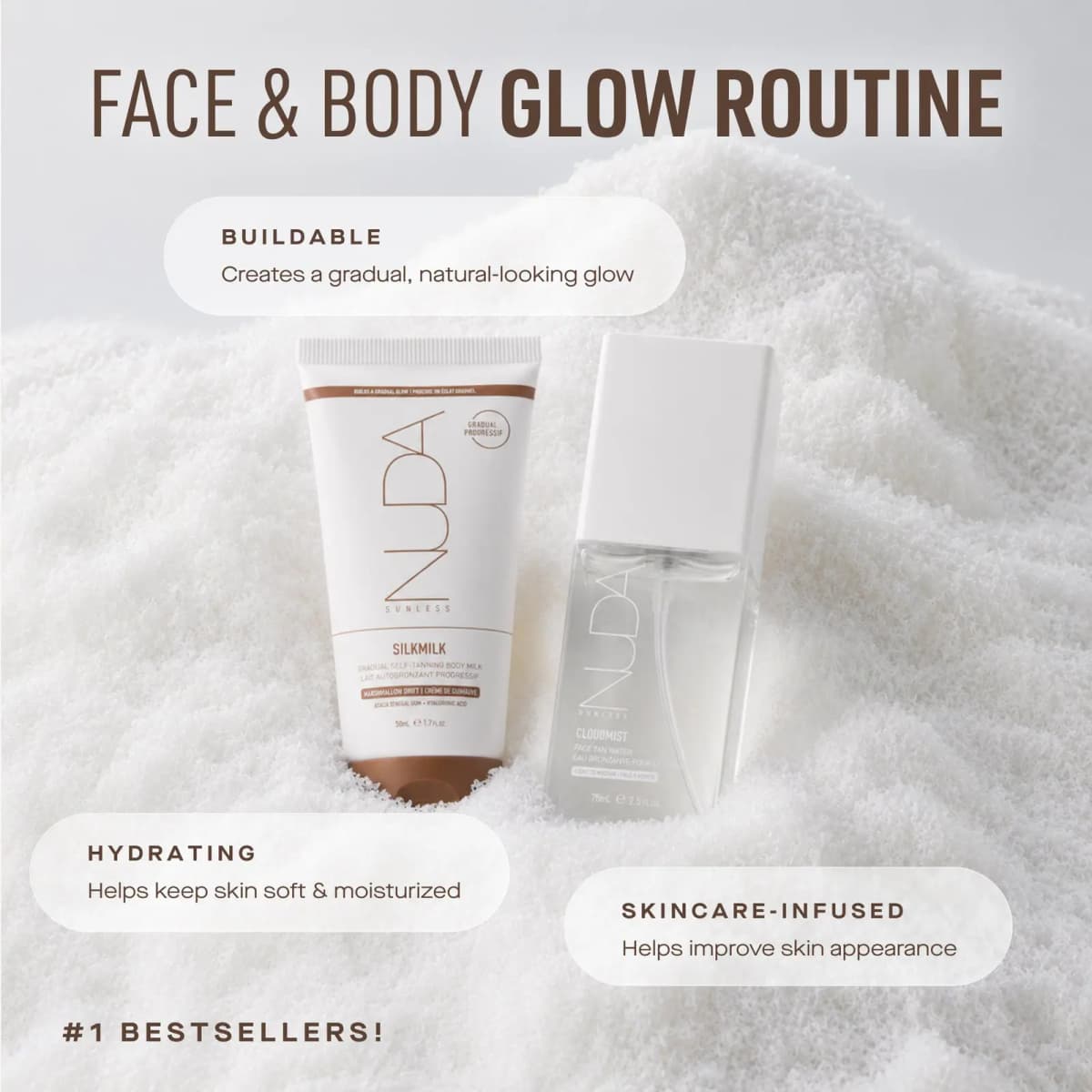 SilkMilk and CloudMist nestled in white crystals under a Face & Body Glow Routine headline with benefit callouts.