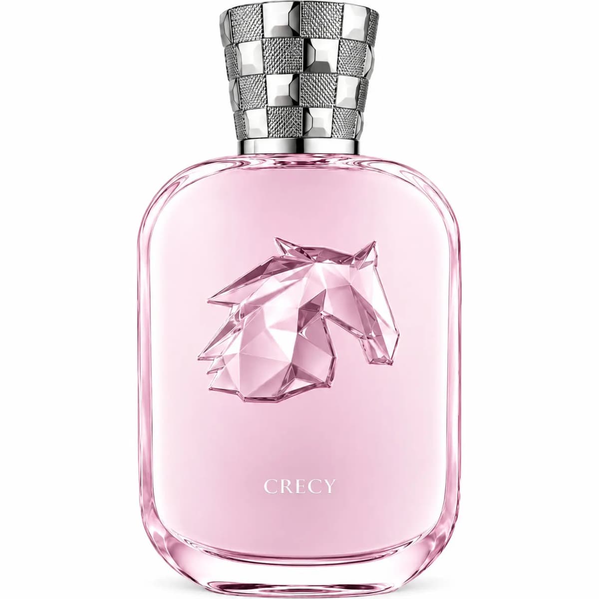 Parfums de Marly Crecy Extrait de Parfum bottle in pale pink glass with a faceted horse head and checkered silver cap