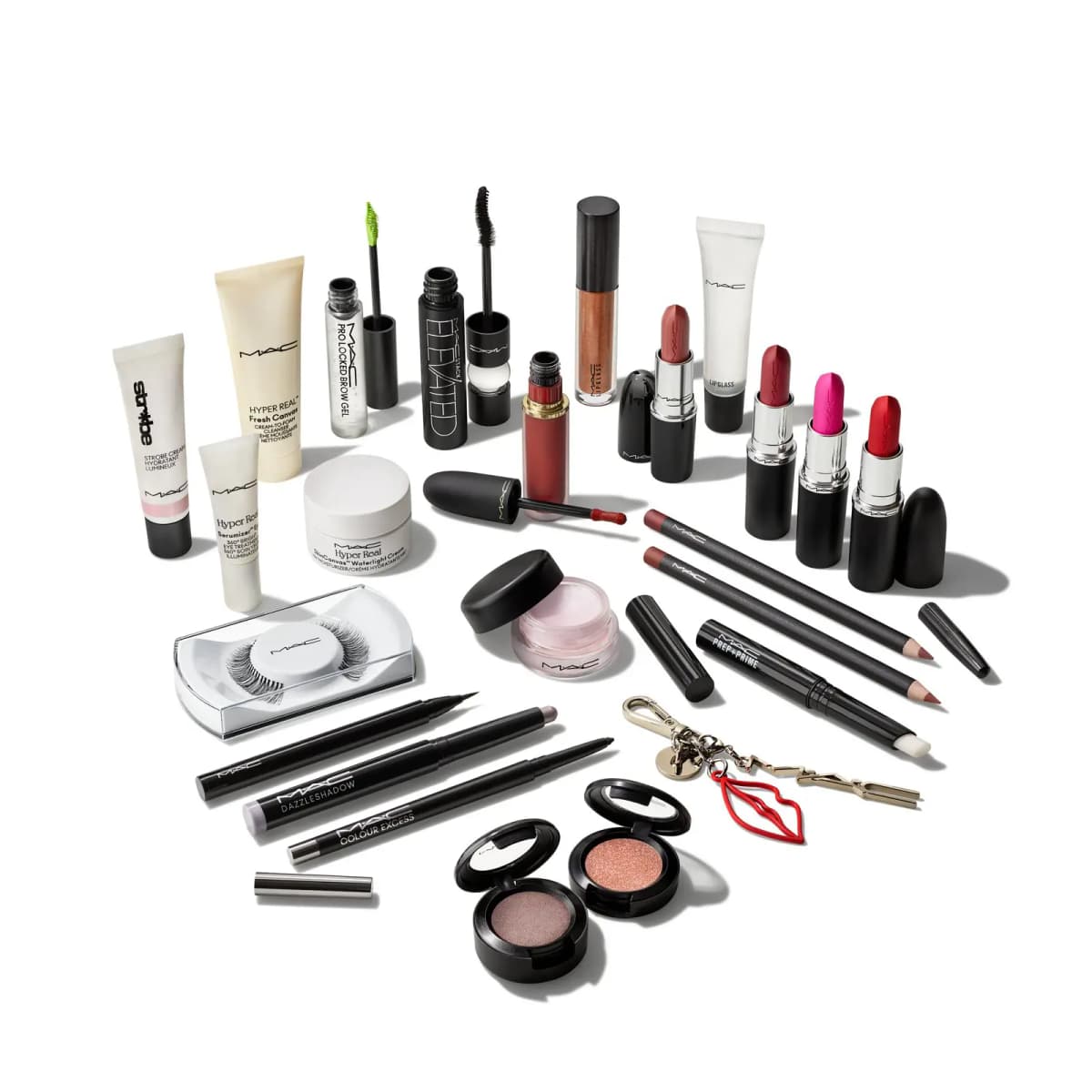 Full contents laid out: Hyper Real skincare, lipsticks, Lipglass, Dazzleshadow, eyeshadows, lashes and lips charm