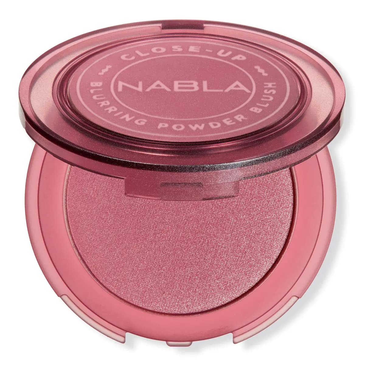 Open NABLA Close-Up Blurring Powder Blush compact in a shimmering raspberry pink shade