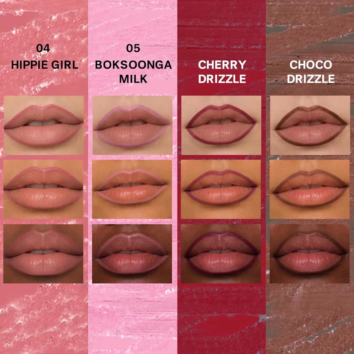 Swatch chart comparing seven Lip Smudger shades from Shading nude to Choco Drizzle brown across three skin tones