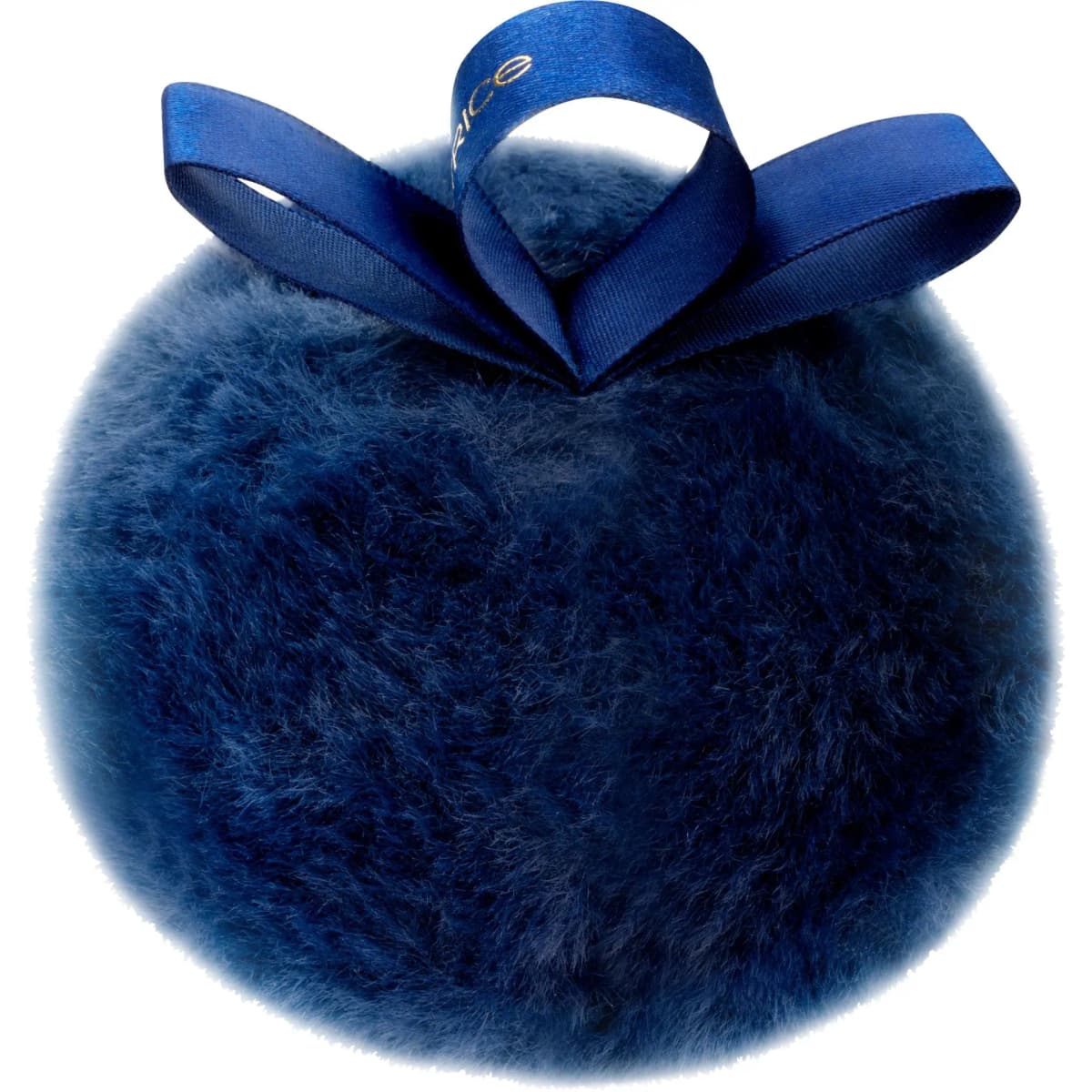 Fluffy navy powder puff topped with a blue satin ribbon loop