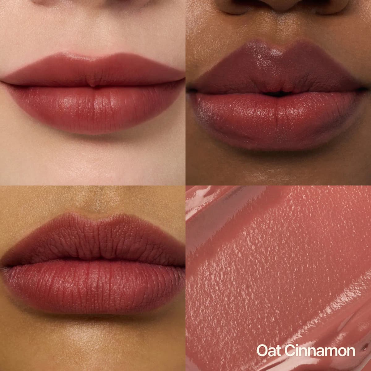 Oat Cinnamon worn as a rosy-brown lip on three skin tones, with a close-up of its glossy textured swatch.
