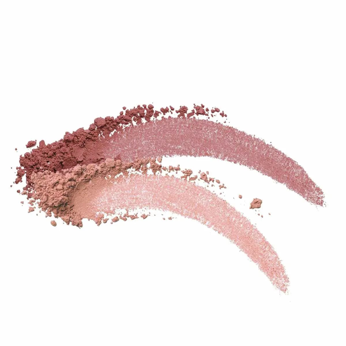 Crushed and swiped blush swatches in a deep mauve-rose and a soft peach-pink on a white background