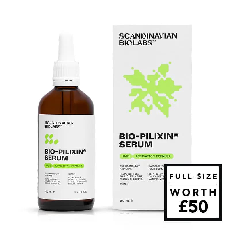 Scandinavian Biolabs Bio-Pilixin Serum amber dropper bottle with white box, full-size worth £50
