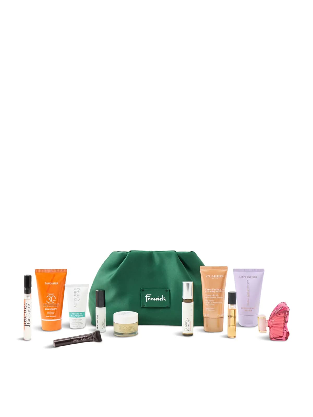 Fenwick Autumn Beauty Bag 2026 gift with purchase: green satin Fenwick pouch with 11 minis lined up in front of it