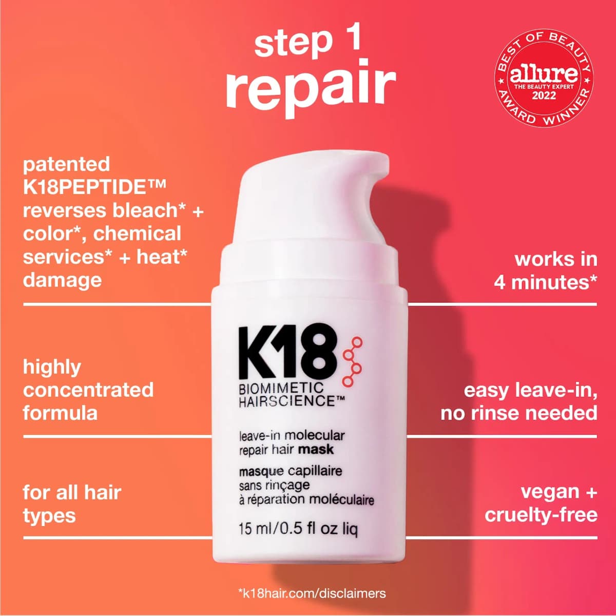 K18 leave-in molecular repair hair mask pump on a coral backdrop with 'step 1 repair' claims and an Allure award seal