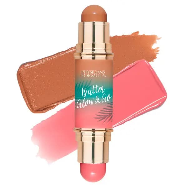 Dual-ended stick showing bronze and warm coral-pink shades over layered swatches