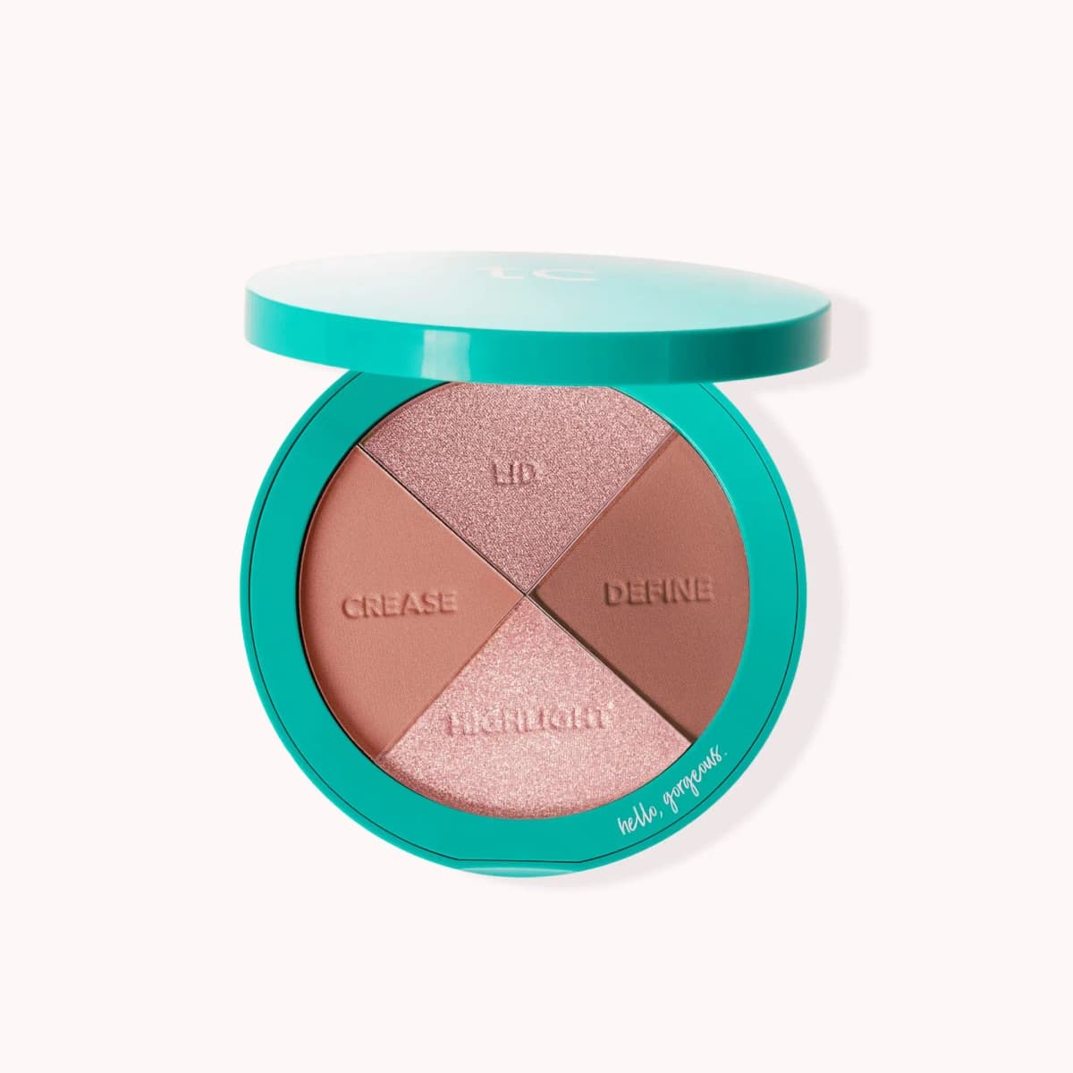 Classic Pinks quad open on white, with shimmer pink lid and highlight shades and rosy-brown matte crease and define.