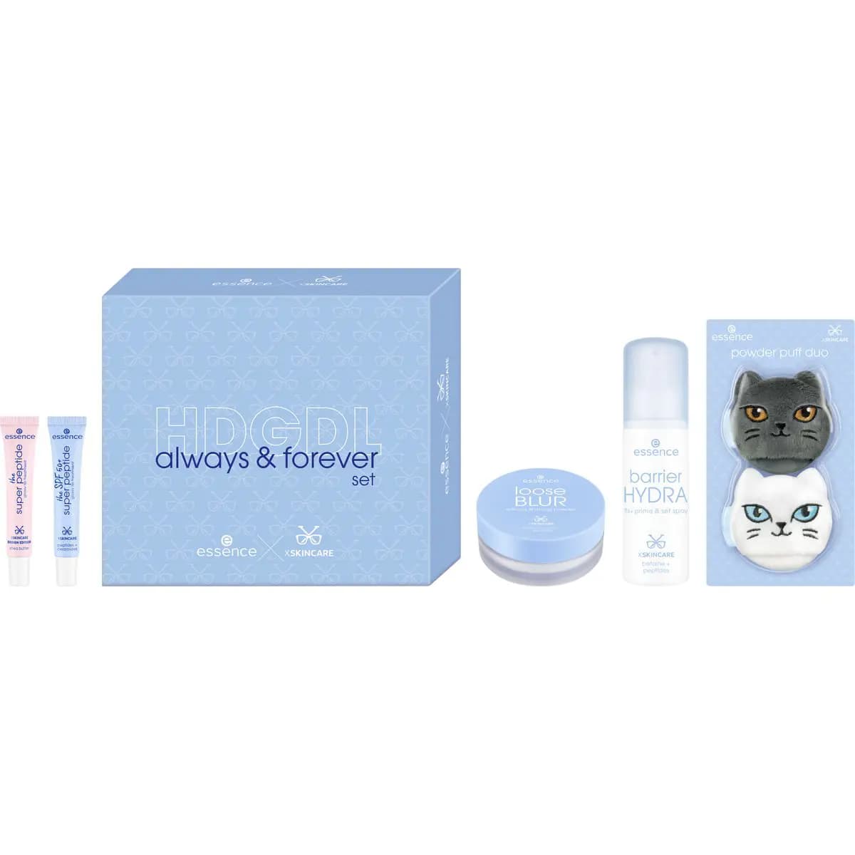 Always & forever gift set box beside its contents: two lip tubes, loose BLUR powder, barrier HYDRA spray and puff duo