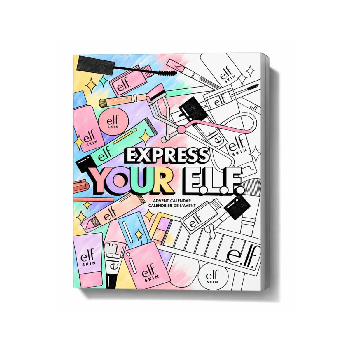 E.l.f. Express Your E.L.F. 24-Day Advent Calendar box with half-coloured pastel line-art of makeup and skincare products