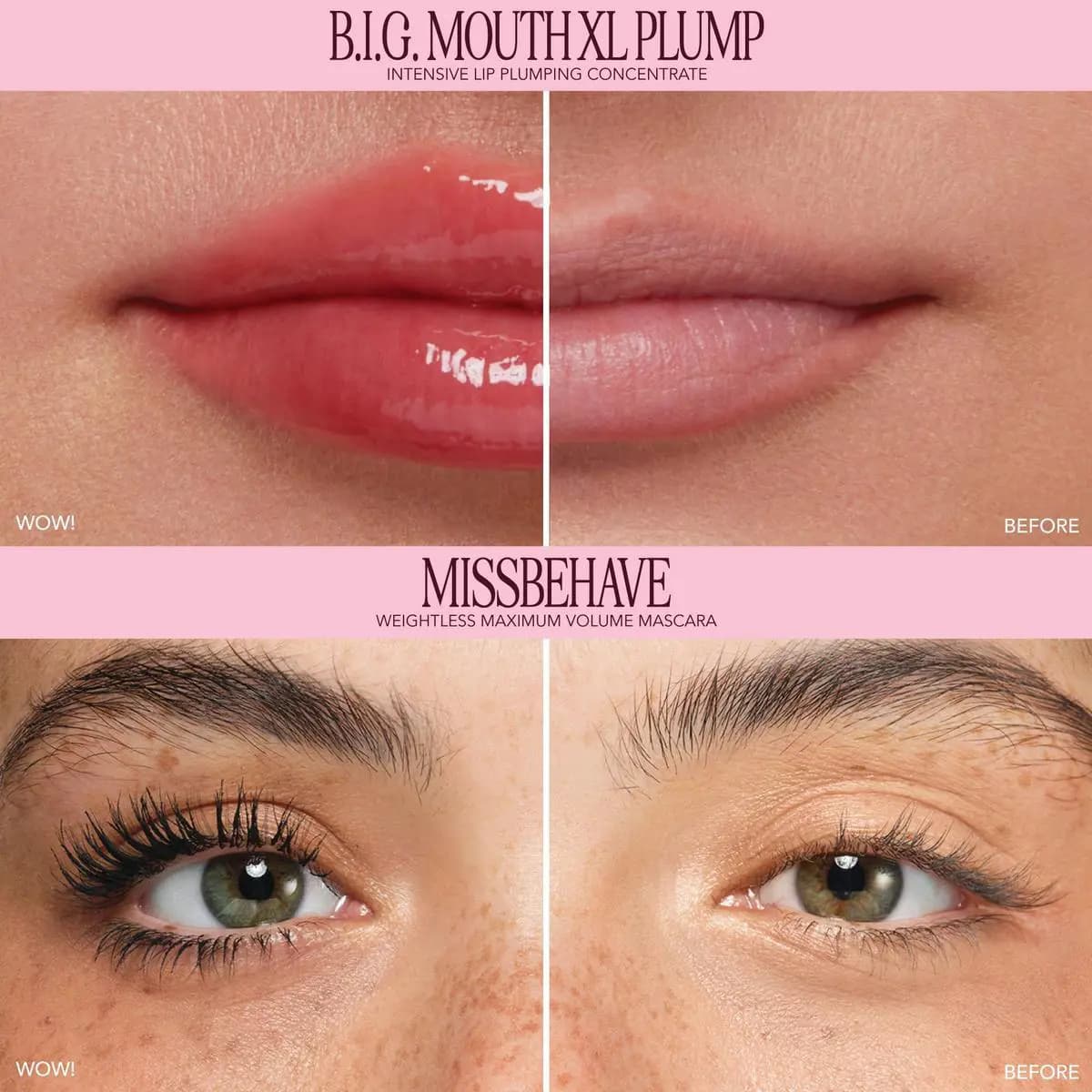 Before and after lip and lash comparisons showing plumped glossy lips and voluminous darkened lashes versus bare