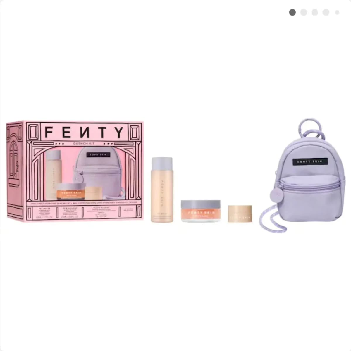 Fenty Skin Quench Kit box with the mini toner, slushie mask, lip mask and lavender mini backpack
