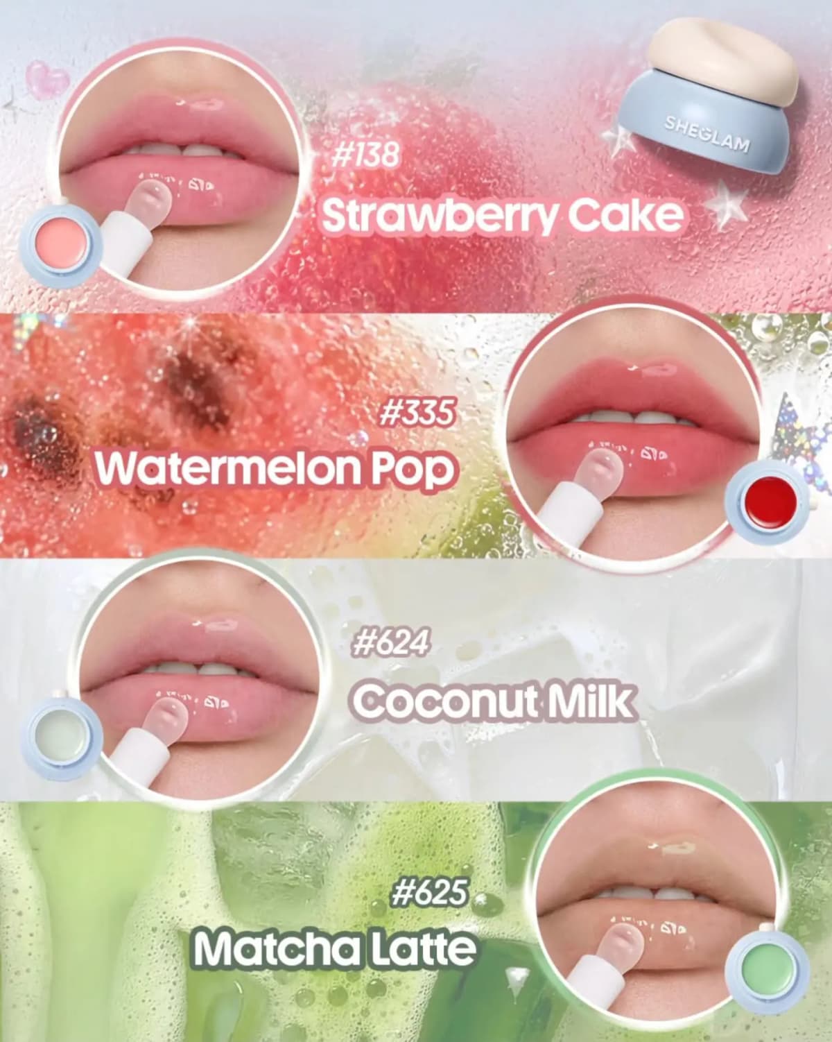 Four lip swatches with applicator: #138 Strawberry Cake, #335 Watermelon Pop, #624 Coconut Milk, #625 Matcha Latte