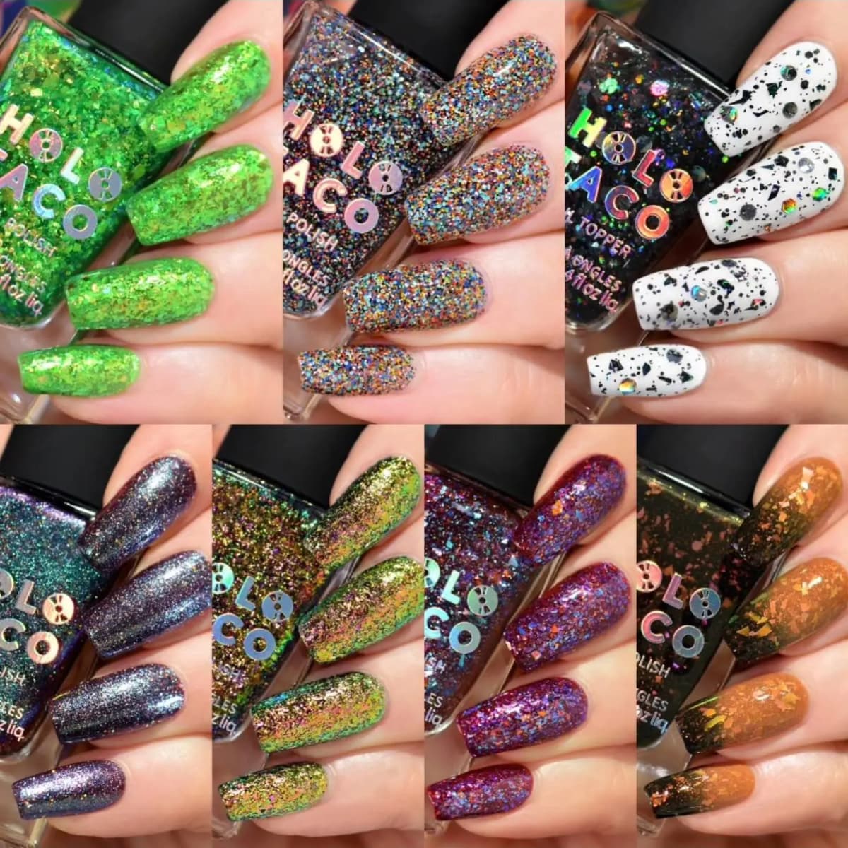 Seven swatch panels on light-skinned hands: green flake, rainbow glitter, black topper on white, purple, gold, berry, orange