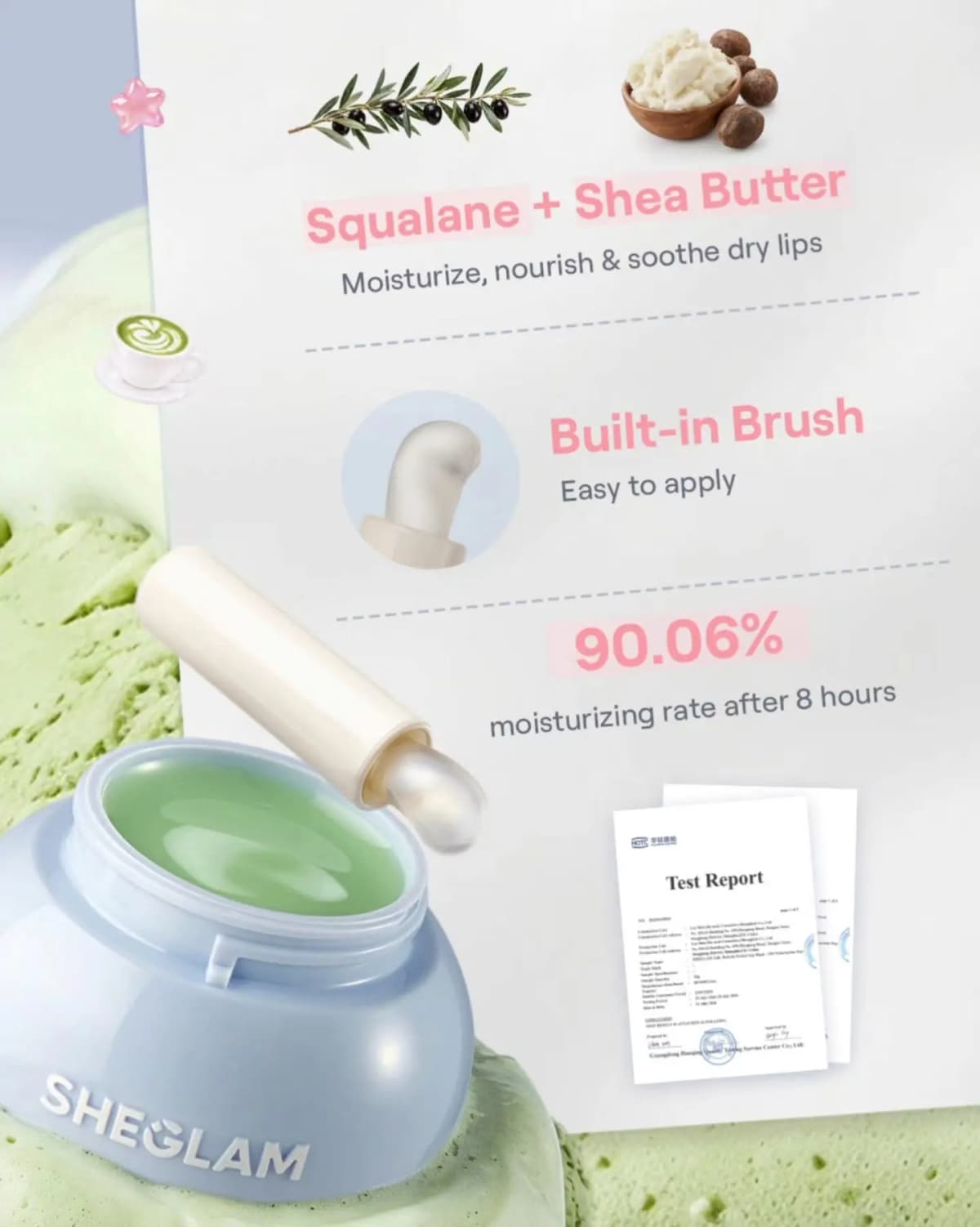 Open blue jar of green lip mask with silicone applicator beside text on squalane, shea butter and 90.06% moisturizing rate