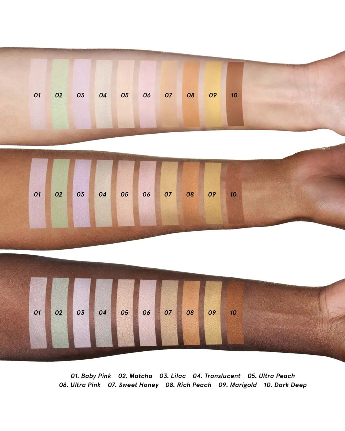 Ten numbered setting powder swatches on three forearms of varying skin tones, with a shade key from Baby Pink to Dark Deep