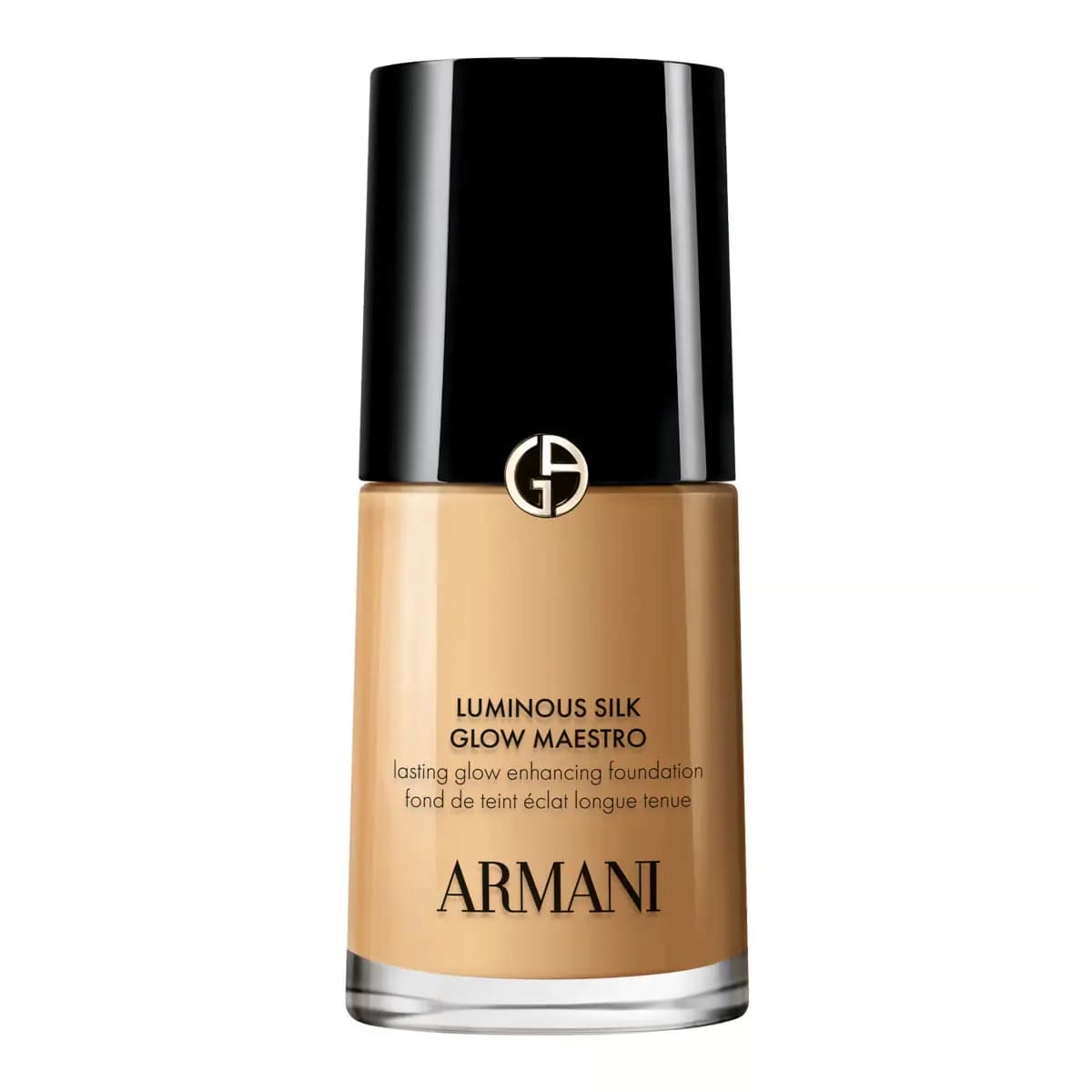 Single bottle of the foundation in a warm golden-beige shade with black cap and gold GA logo on white
