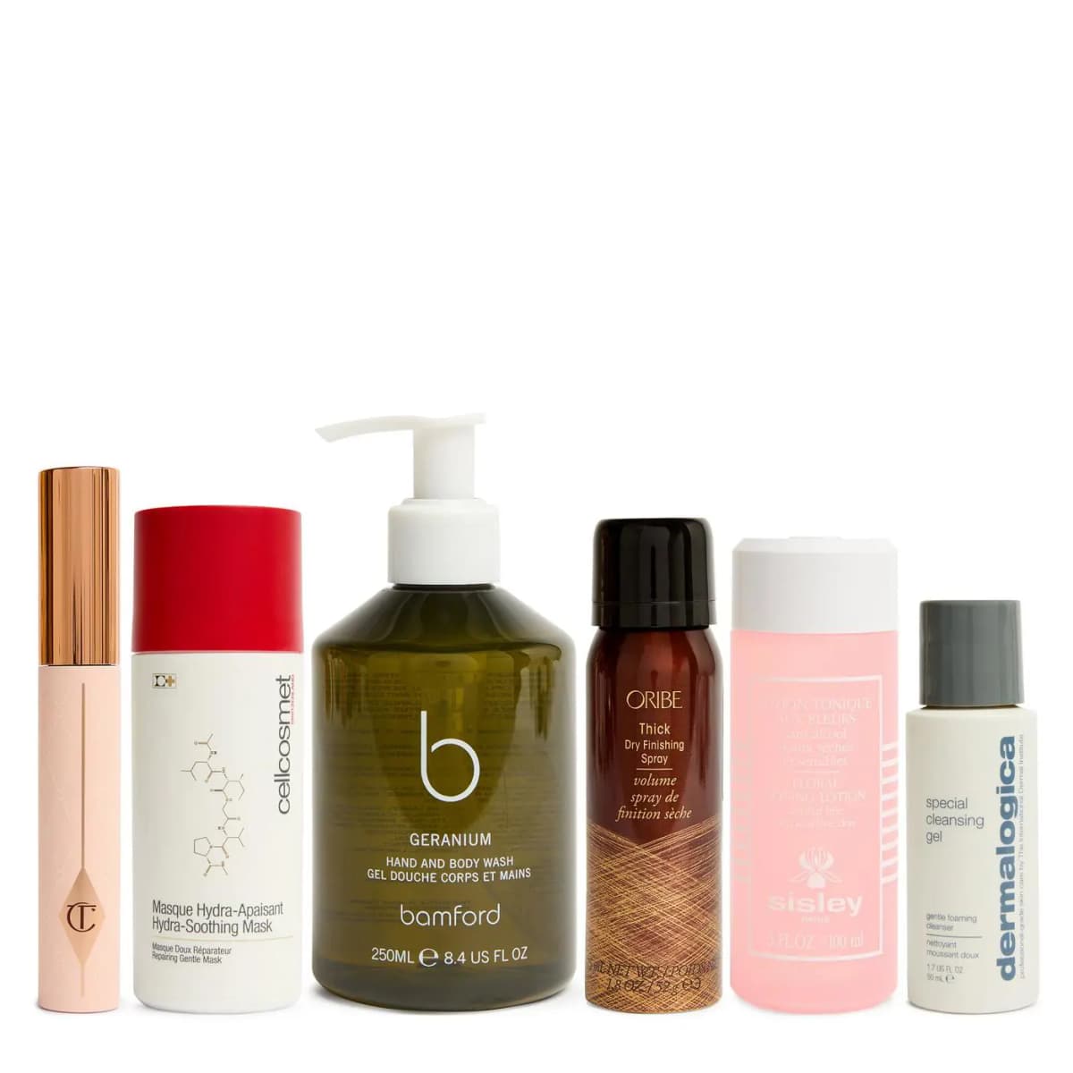 Charlotte Tilbury mascara, Cellcosmet mask, Bamford wash, Oribe spray, Sisley toner and Dermalogica cleansing gel