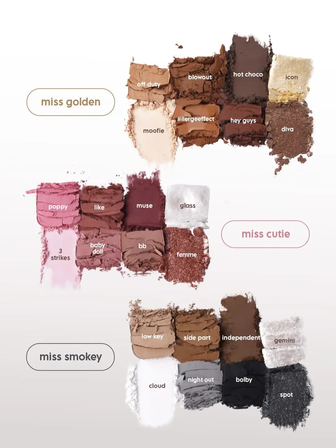 Labelled swatches of the Miss Golden, Miss Cutie and Miss Smokey palettes in brown, pink, berry, grey and shimmer shades